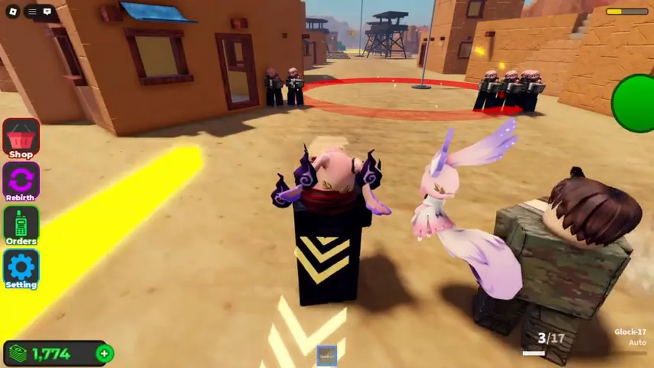 Battle-area gameplay with a readable weapon HUD